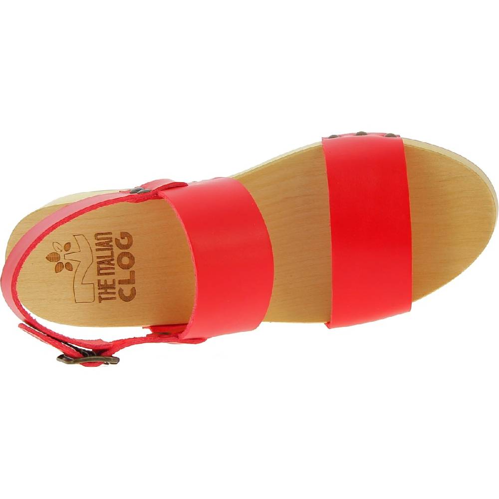 Lartigiano Del Cuoio Zoccoli donna in legno con fasce in pelle rossa Novità