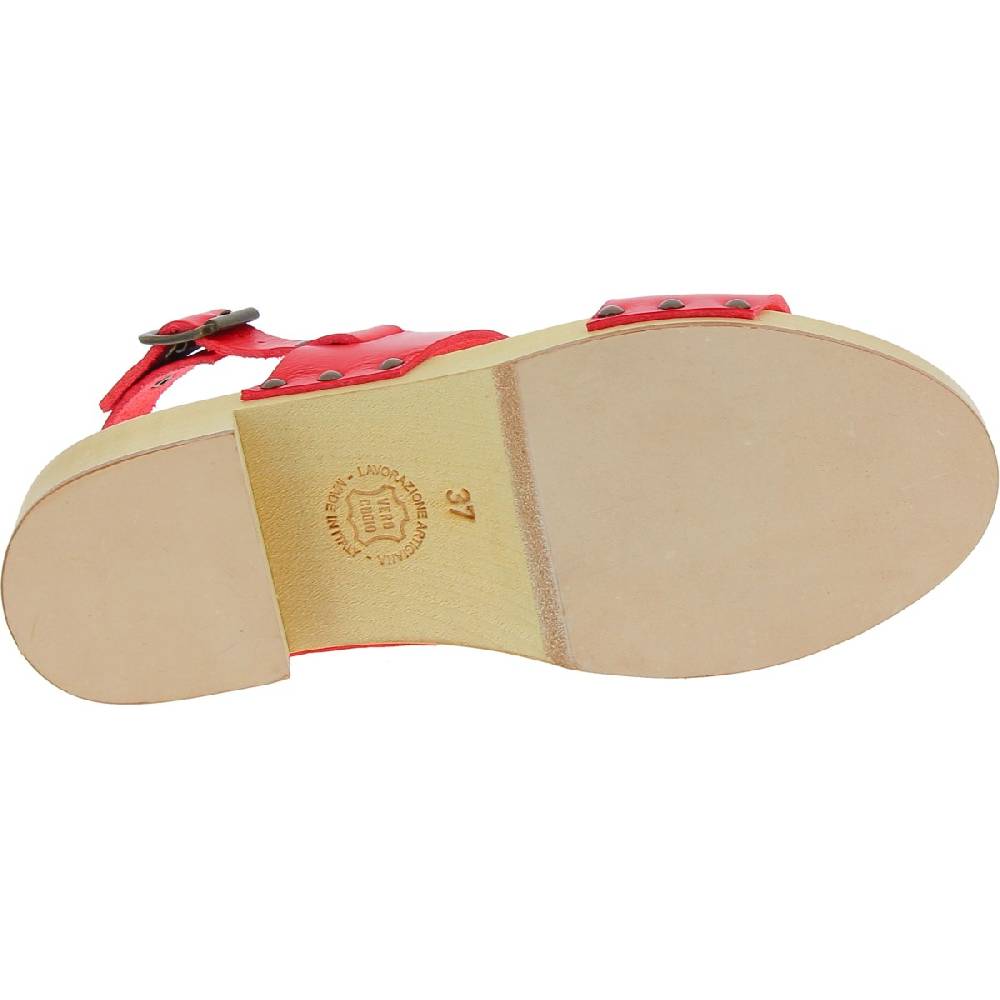 Lartigiano Del Cuoio Zoccoli donna in legno con fasce in pelle rossa Novità