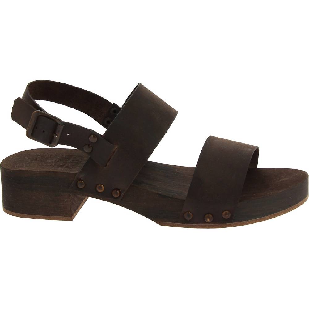 Lartigiano Del Cuoio Zoccoli in legno marrone scuro artigianali con fascia in pelle Sconto