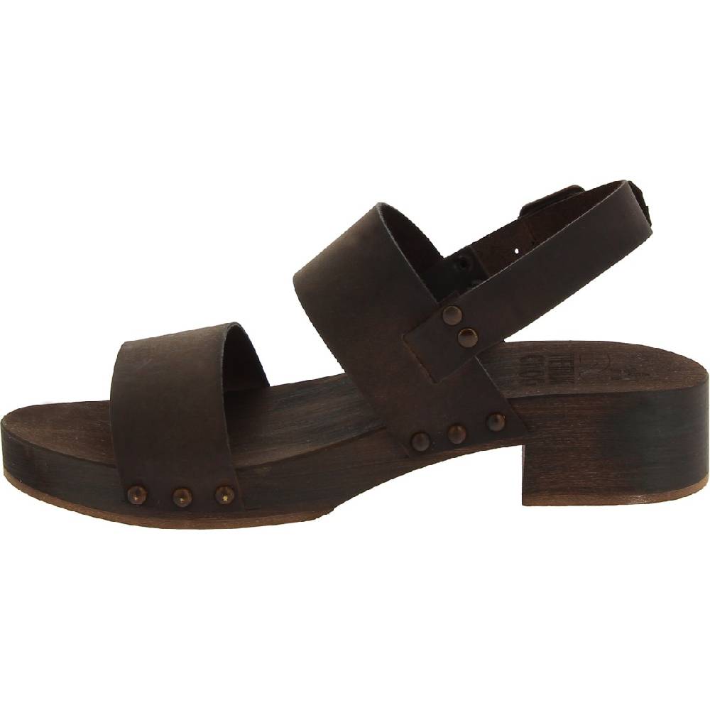 Lartigiano Del Cuoio Zoccoli in legno marrone scuro artigianali con fascia in pelle Sconto