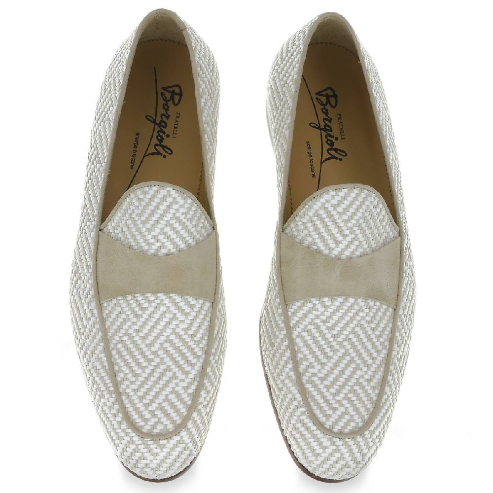 Lartigiano Del Cuoio Mocassino penny in camoscio e tessuto intrecciato bianco e beige In Linea