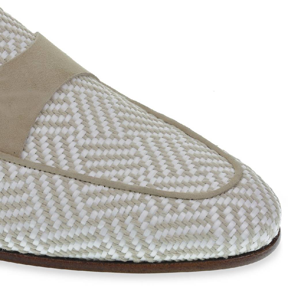 Lartigiano Del Cuoio Mocassino penny in camoscio e tessuto intrecciato bianco e beige In Linea