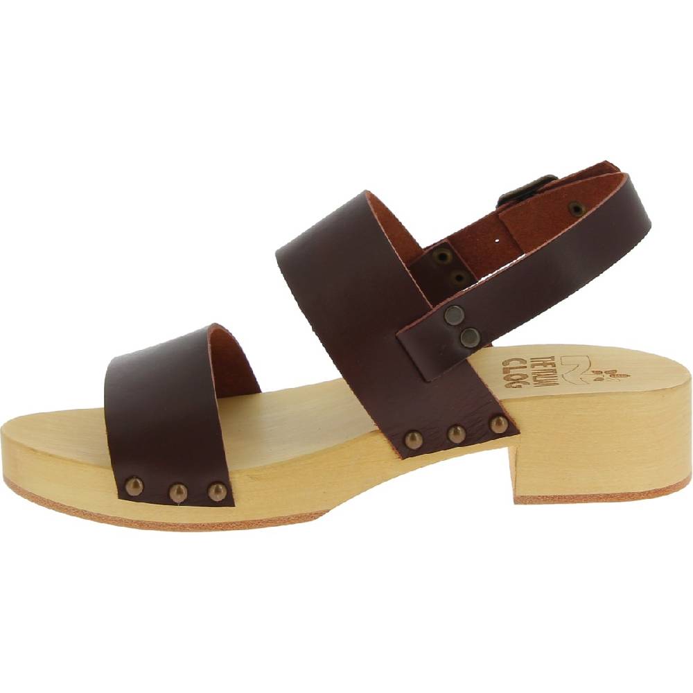 Lartigiano Del Cuoio Zoccoli donna in legno con fasce in pelle marrone scuro Spedizione Gratuita