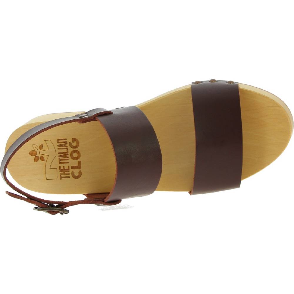 Lartigiano Del Cuoio Zoccoli donna in legno con fasce in pelle marrone scuro Spedizione Gratuita