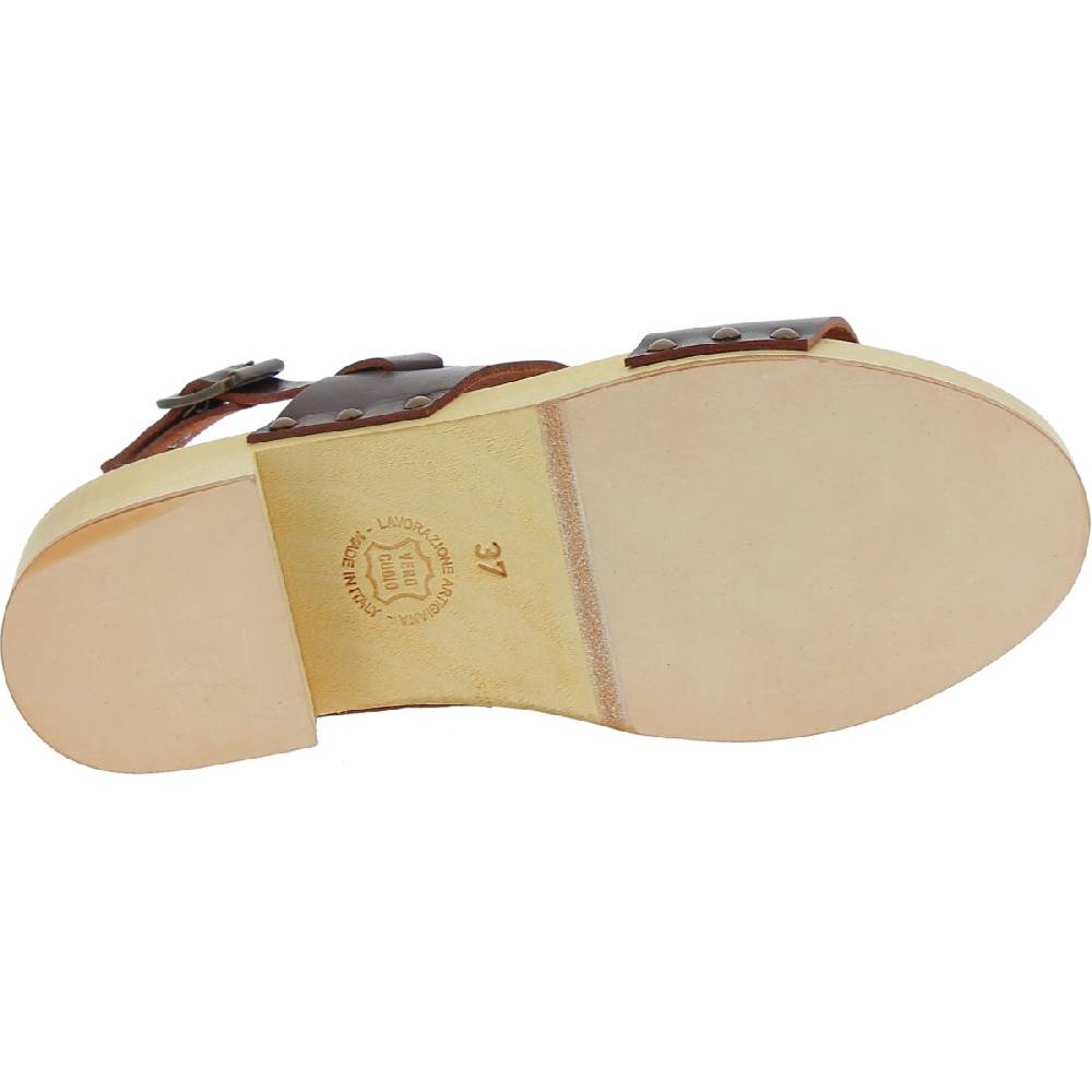 Lartigiano Del Cuoio Zoccoli donna in legno con fasce in pelle marrone scuro Spedizione Gratuita