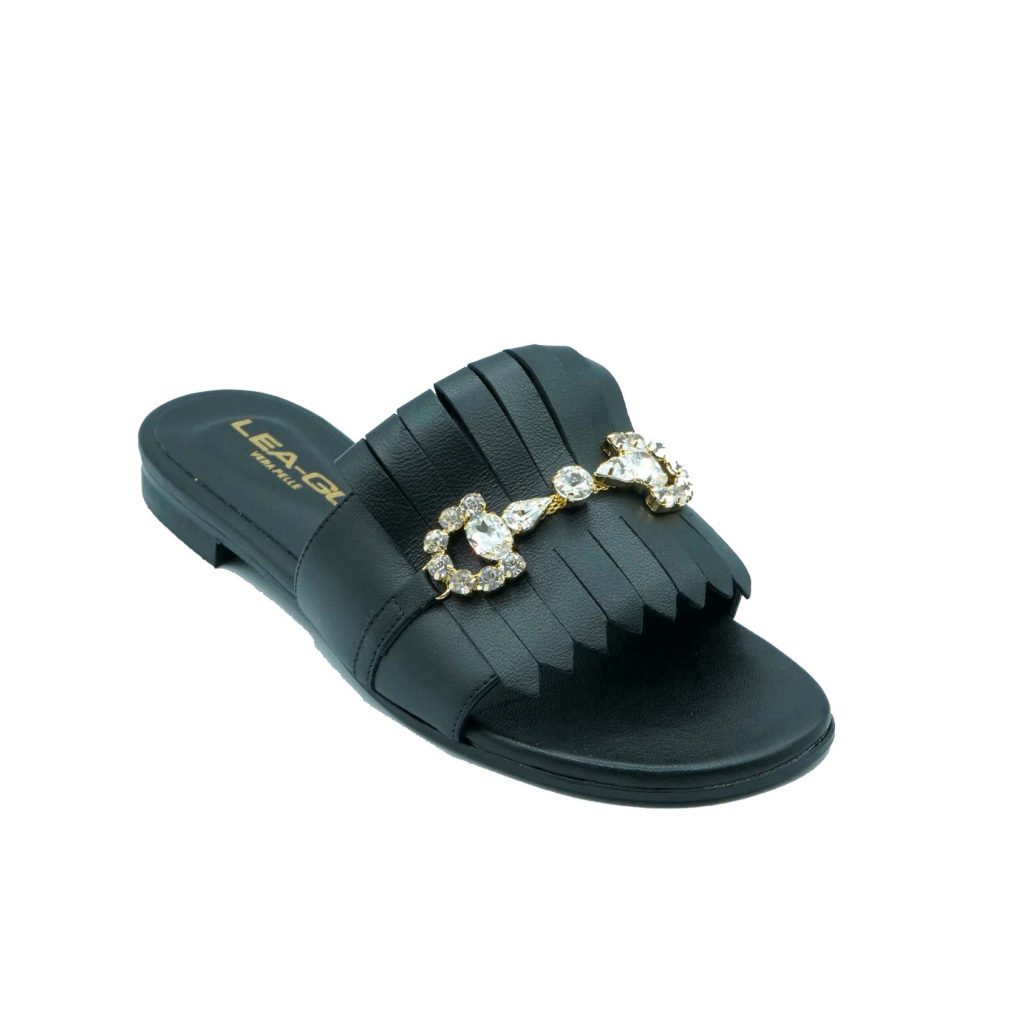 Lea Gu ciabattina in nappa, fascia con frange e accessorio frontale, tacco 10mm Consegna Veloce