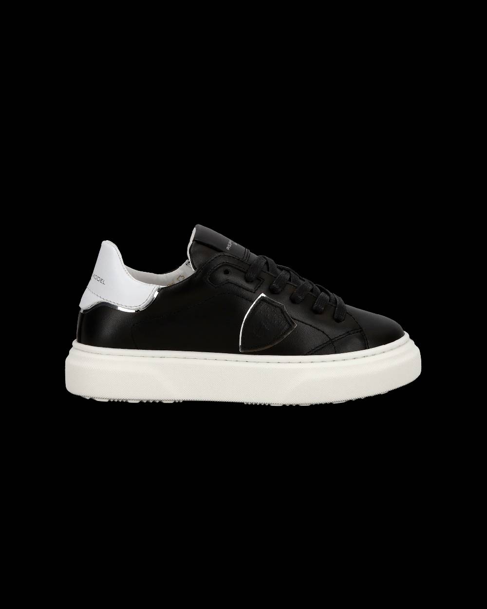 Philippe Model Junior Temple Low-Top Sneakers in Leather, Black White Saldi Di Fabbrica