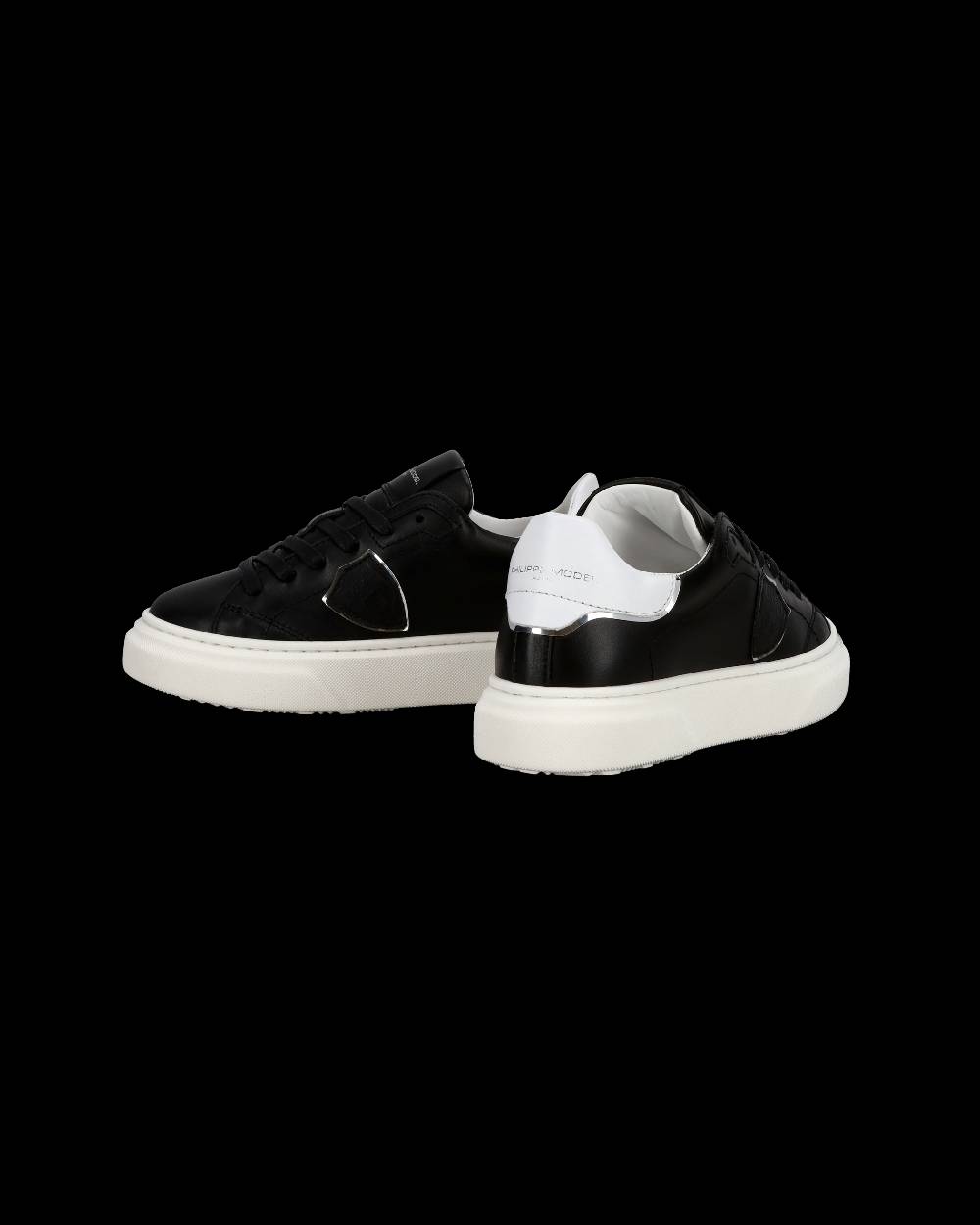 Philippe Model Junior Temple Low-Top Sneakers in Leather, Black White Saldi Di Fabbrica