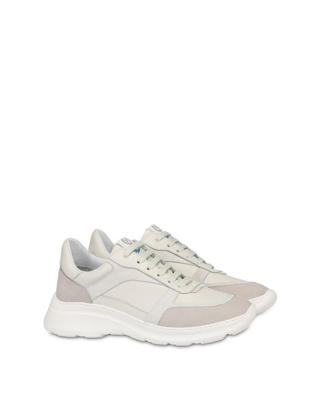 Pollini Sneakers In Vitello, Nabuk E Crosta Roomy Avorio/perla/bianco/bianco/avorio Italia