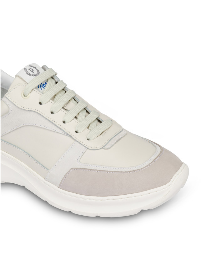 Pollini Sneakers In Vitello, Nabuk E Crosta Roomy Avorio/perla/bianco/bianco/avorio Italia