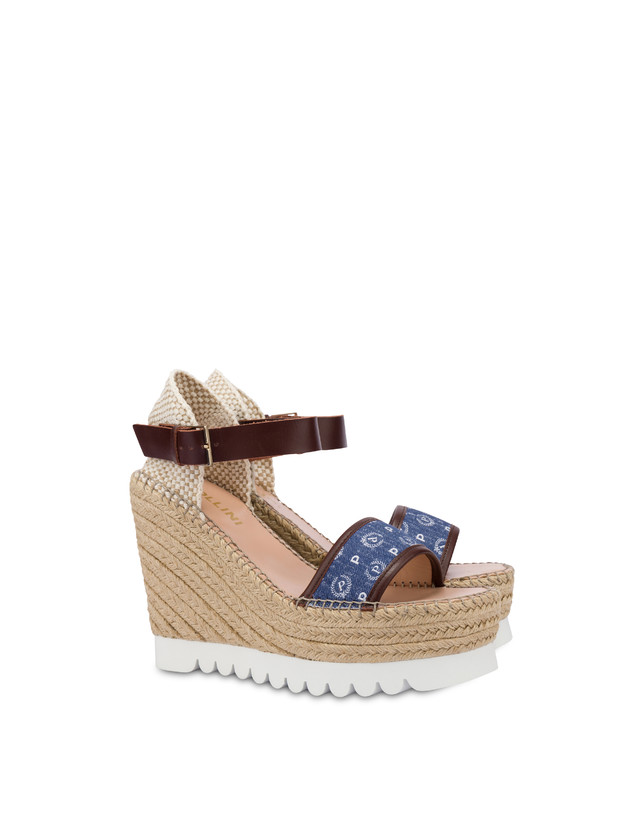 Pollini Sandali Con Zeppa Espadrillas Heritage Denim Jacquard Blu/marrone Promozione Limitata