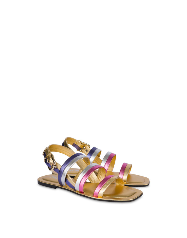 Pollini Sandali Flat In Nappa Laminata Rainbow Oro/peonia/argento/iris Affare Del Giorno