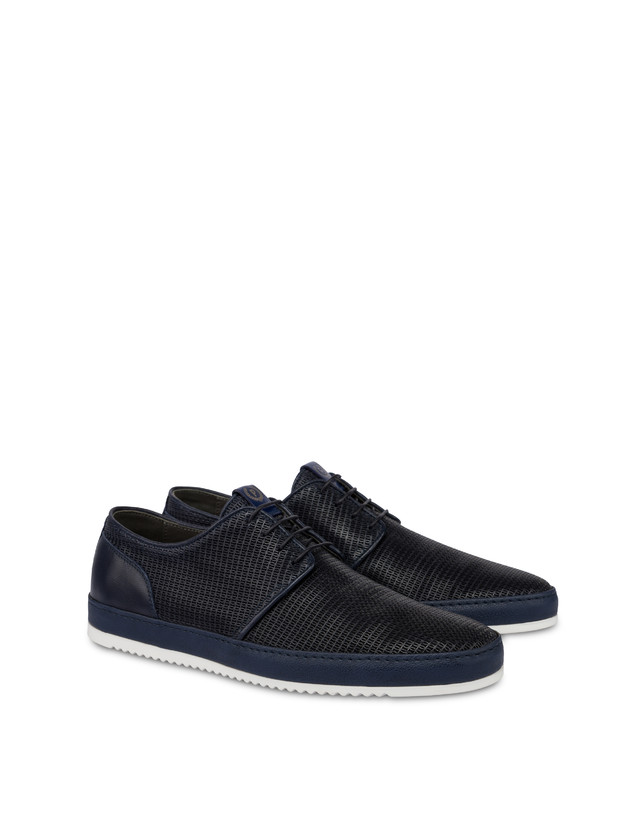 Pollini Derby In Pelle Stampa Traforata Foxing Blu Hotsell