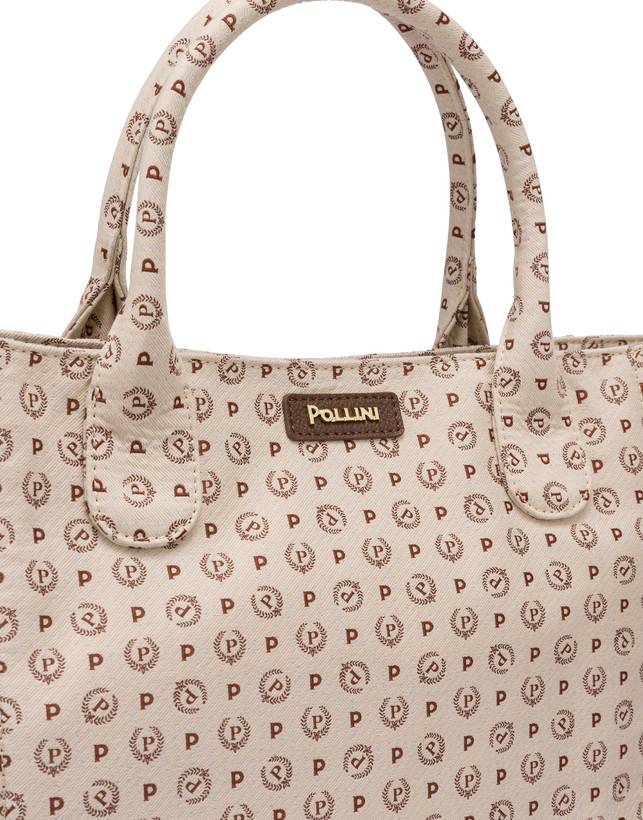 Pollini Borsa Tote Heritage Denim Jacquard Avorio/marrone Sottocosto