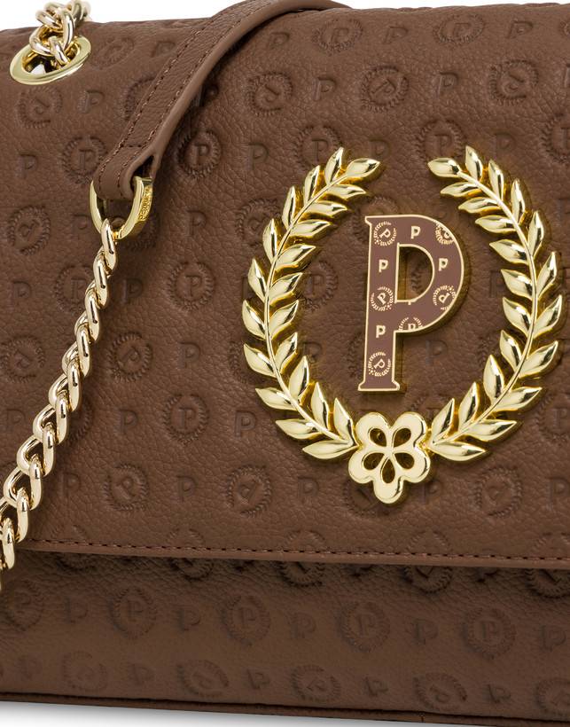 Pollini Borsa A Spalla In Vitello Heritage Logo Embossed Marrone Promozione Limitata