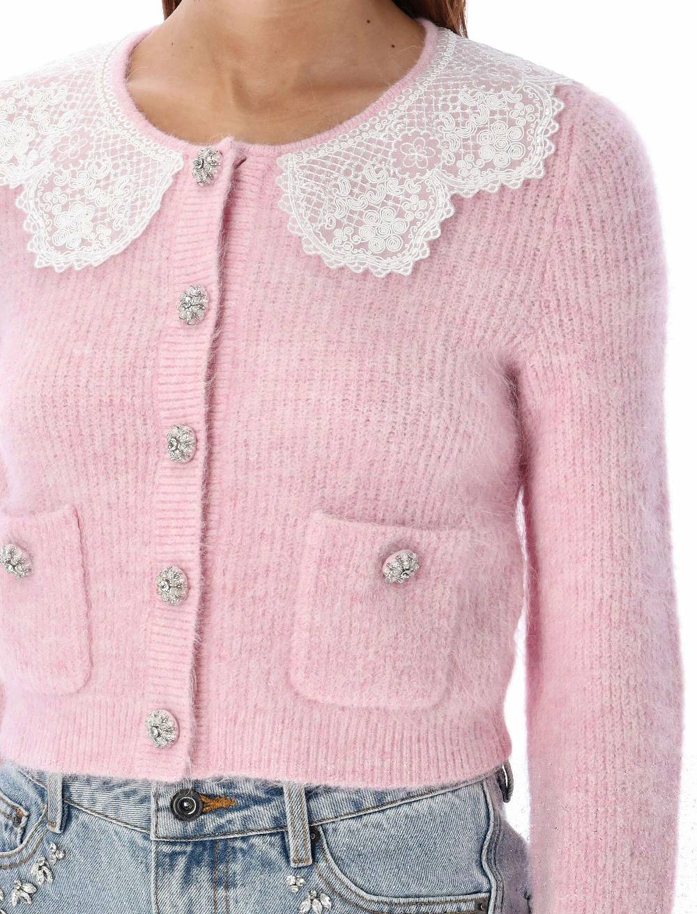 SELF PORTRAIT  Cardigan Angora Rosa con Colletto in Pizzo Self-Portrait In Saldo