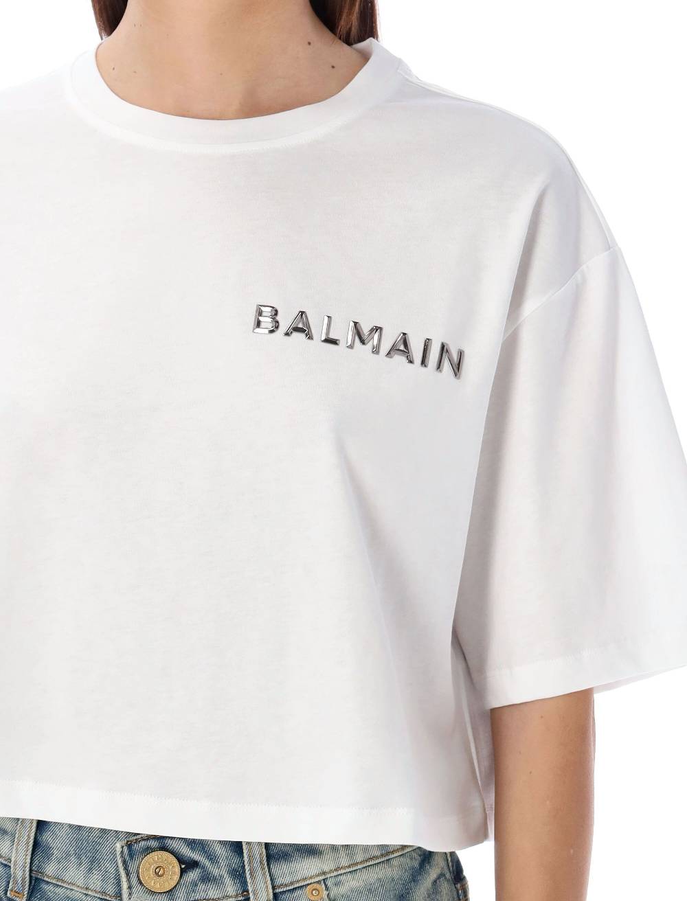 BALMAIN  T-Shirt Corta Balmain con Logo Argento - Cotone Biologico Sconto