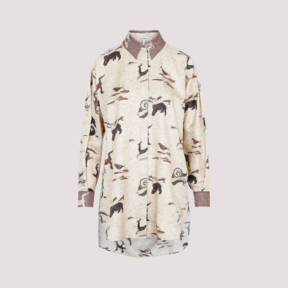 LOEWE  Camicia Oversize da Donna Loewe in Seta Beige con Stampa Animalier Online