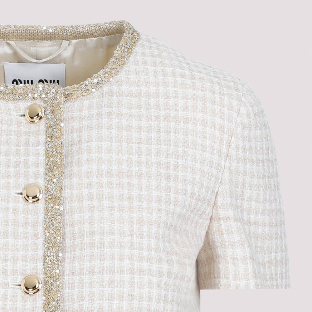 MIU MIU  Giacca in Lana Vergine Pied de Poule Avorio MIU MIU con Bordo di Paillettes Promozione