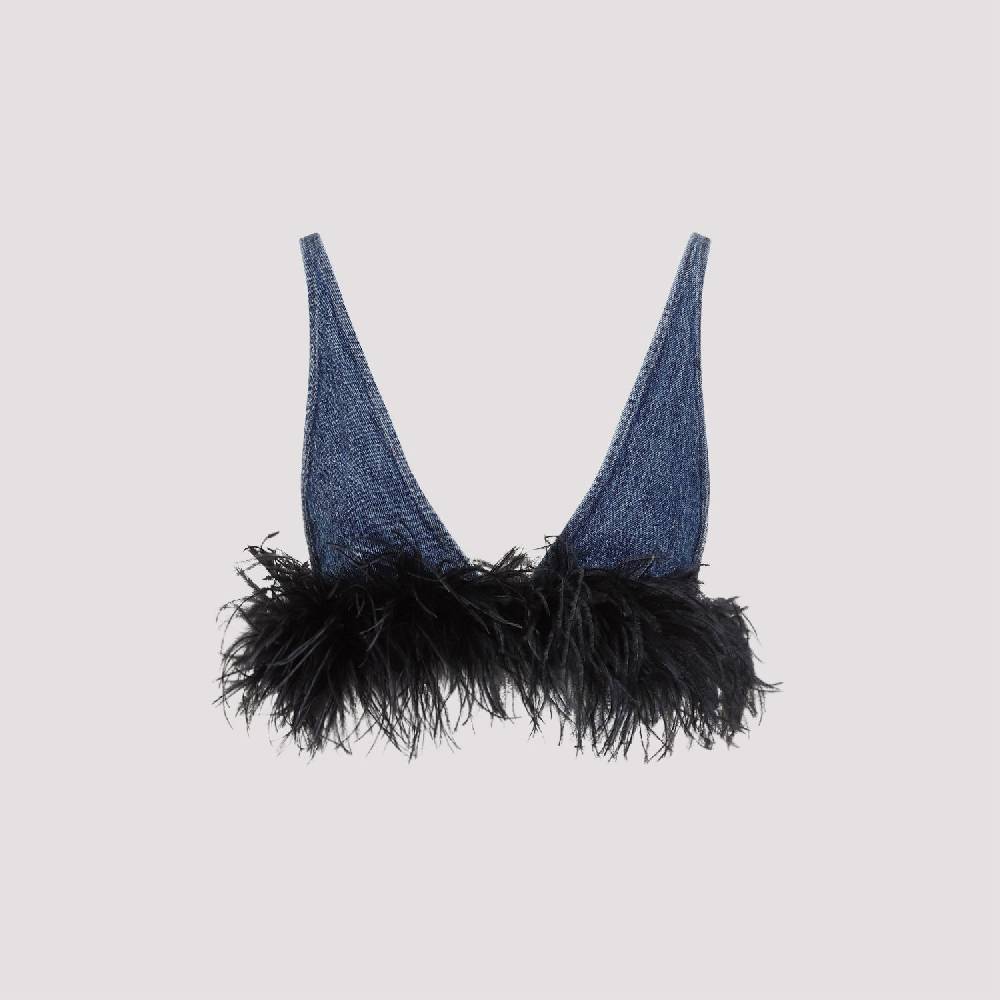 MIU MIU  Top di Cotone Blu con Piume Miu Miu Qualità Garantita