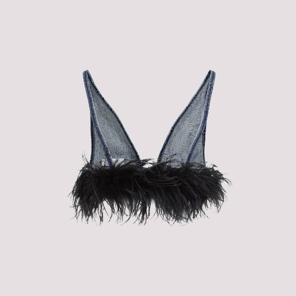 MIU MIU  Top di Cotone Blu con Piume Miu Miu Qualità Garantita