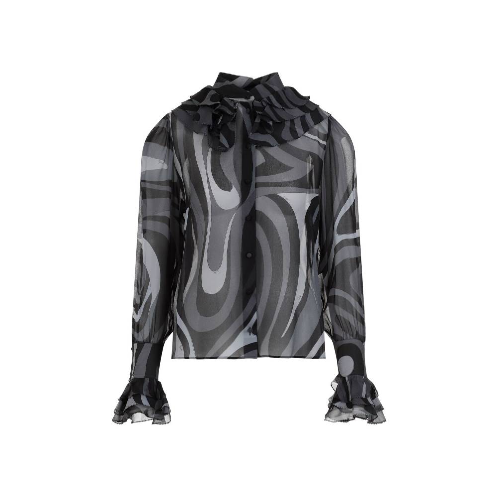 PUCCI Camicia di Seta Nera Ruches PUCCI - Eleganza Femminile con Fantasia Ondulata