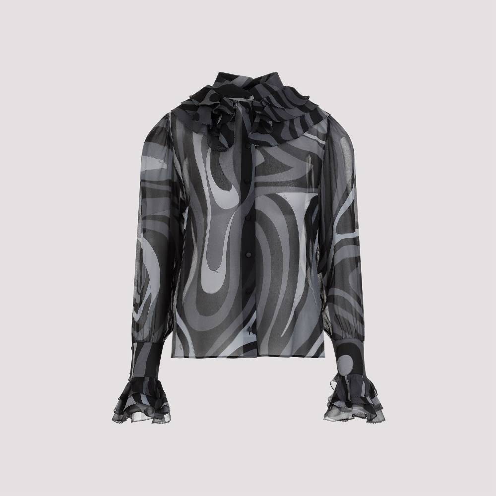 PUCCI  Camicia di Seta Nera Ruches PUCCI - Eleganza Femminile con Fantasia Ondulata In Saldo