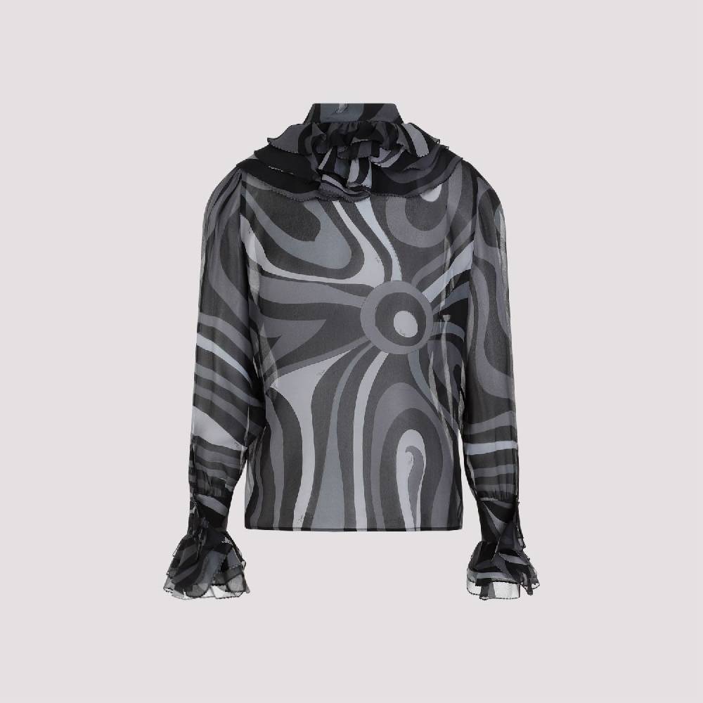 PUCCI  Camicia di Seta Nera Ruches PUCCI - Eleganza Femminile con Fantasia Ondulata In Saldo