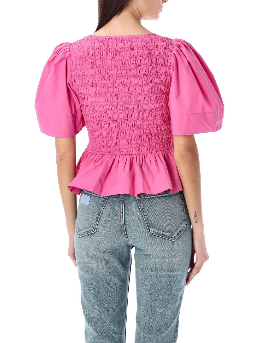 GANNI  Blusa in Cotone con Maniche a Palloncino e Peplo GANNI Saldi Di Fabbrica