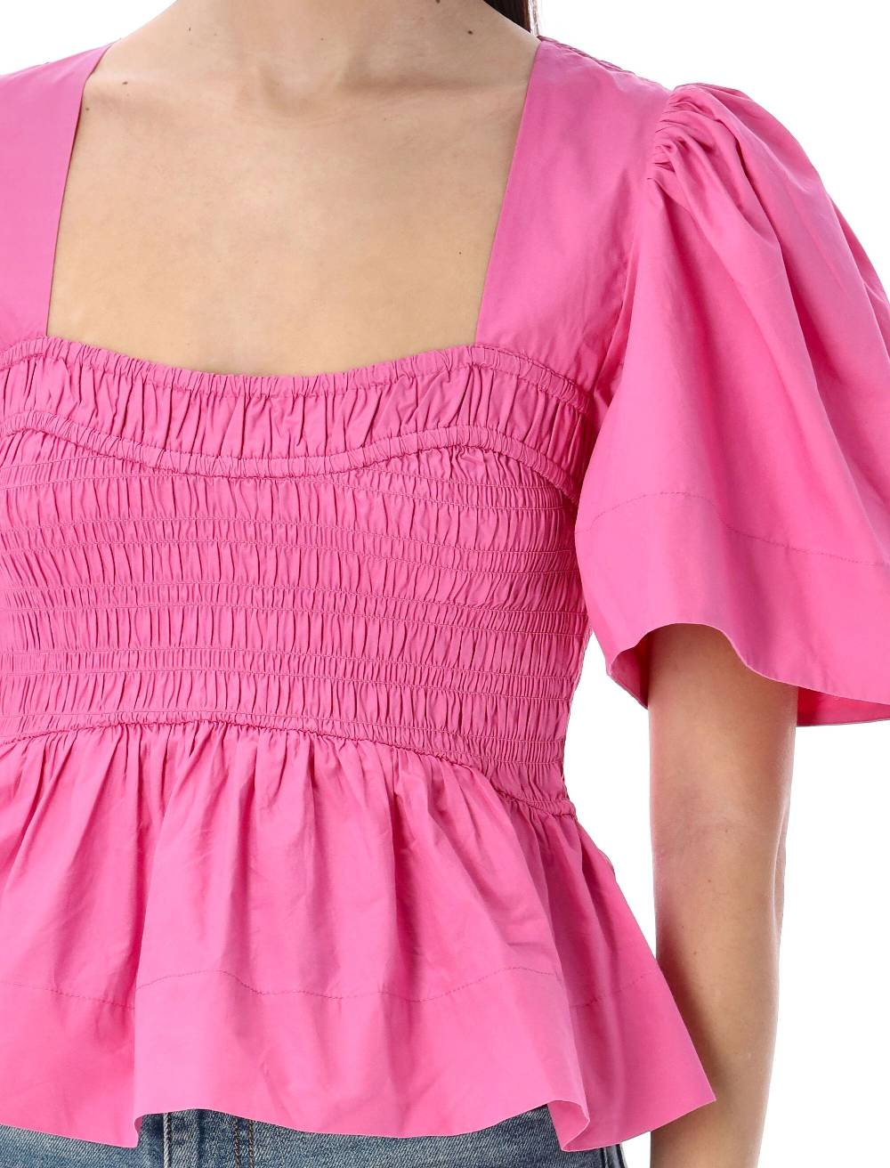 GANNI  Blusa in Cotone con Maniche a Palloncino e Peplo GANNI Saldi Di Fabbrica