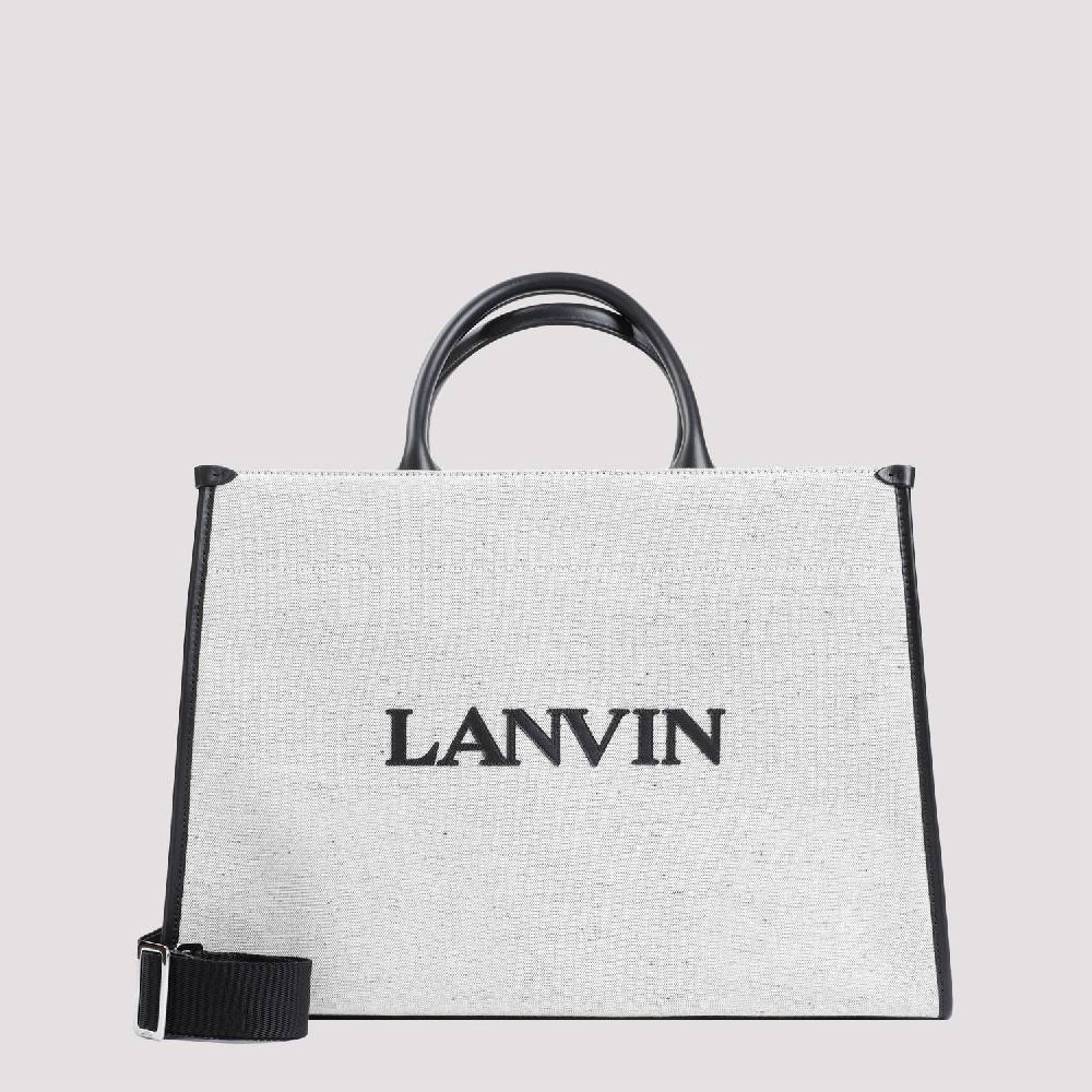 LANVIN  Borsa Shopper Lanvin in Cotone e Lino Grigio con Rifiniture in Pelle Shopping Online