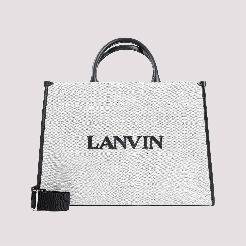 LANVIN  Borsa Shopper Lanvin in Cotone e Lino Grigio con Rifiniture in Pelle Shopping Online