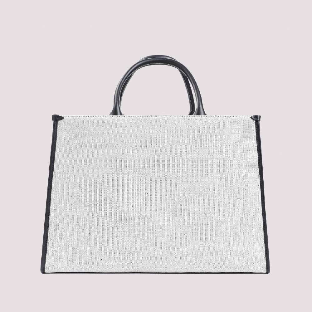 LANVIN  Borsa Shopper Lanvin in Cotone e Lino Grigio con Rifiniture in Pelle Shopping Online