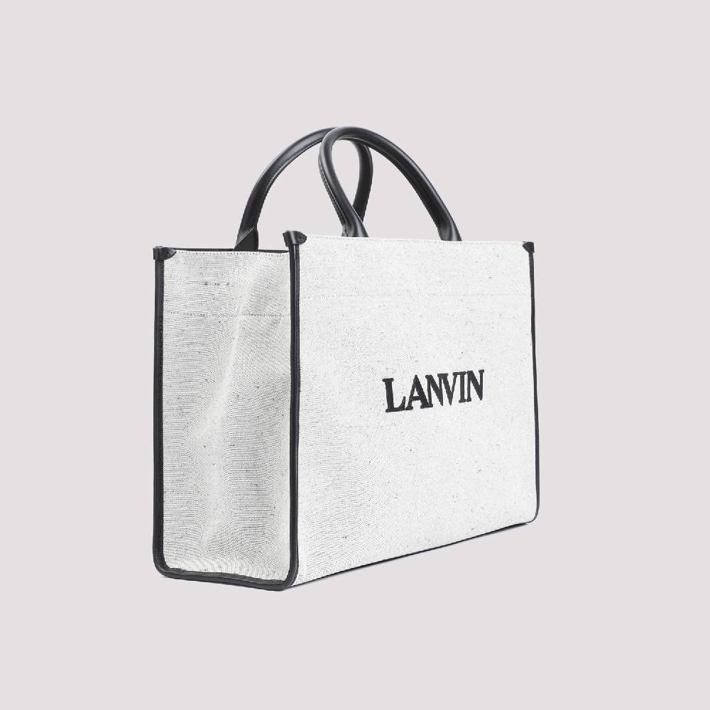 LANVIN  Borsa Shopper Lanvin in Cotone e Lino Grigio con Rifiniture in Pelle Shopping Online