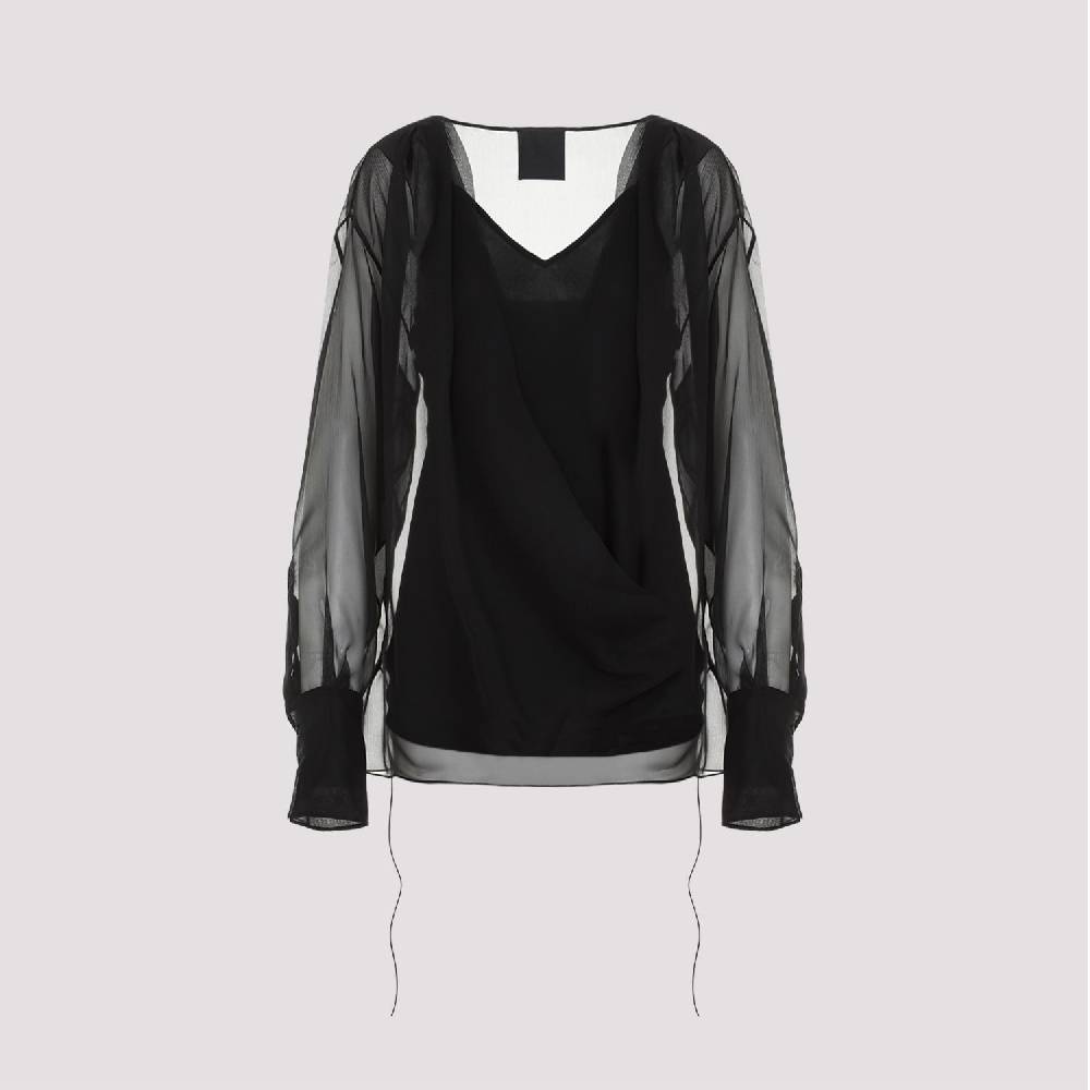 GIVENCHY  Camicia Nera in Seta Drappeggiata Givenchy con Lacci Laterali Offerte