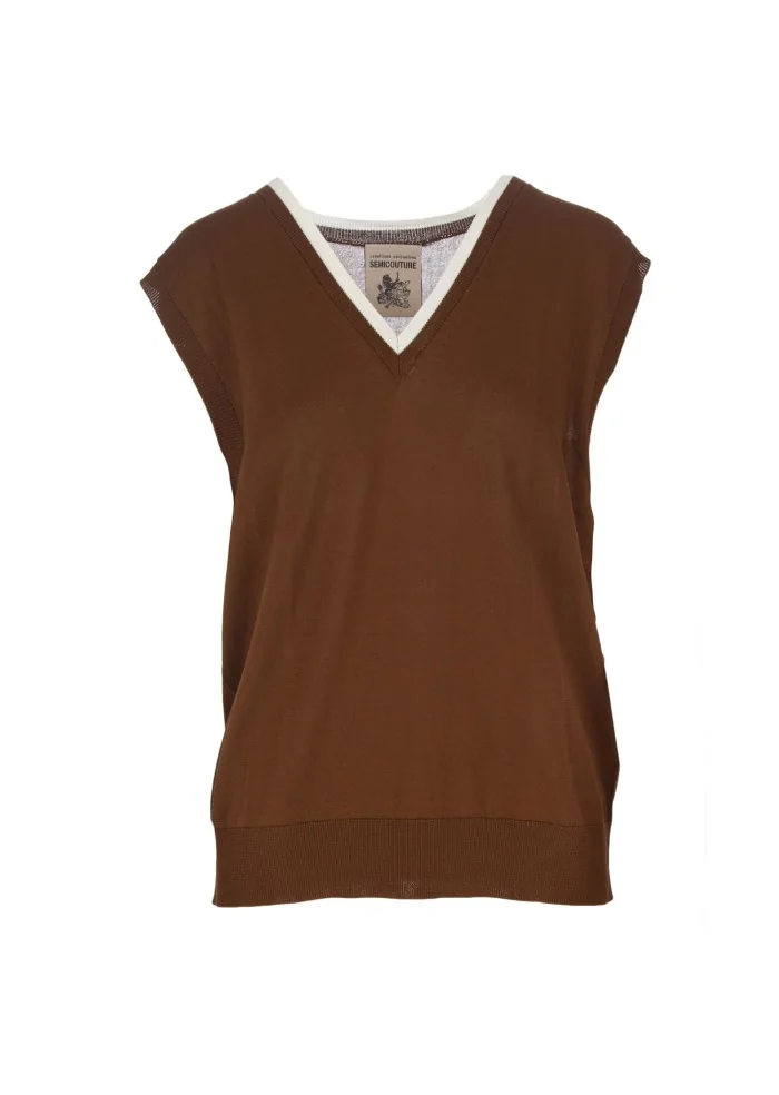 SEMICOUTURE |GILET SCOLLO A V MARRONE Enormi sconti