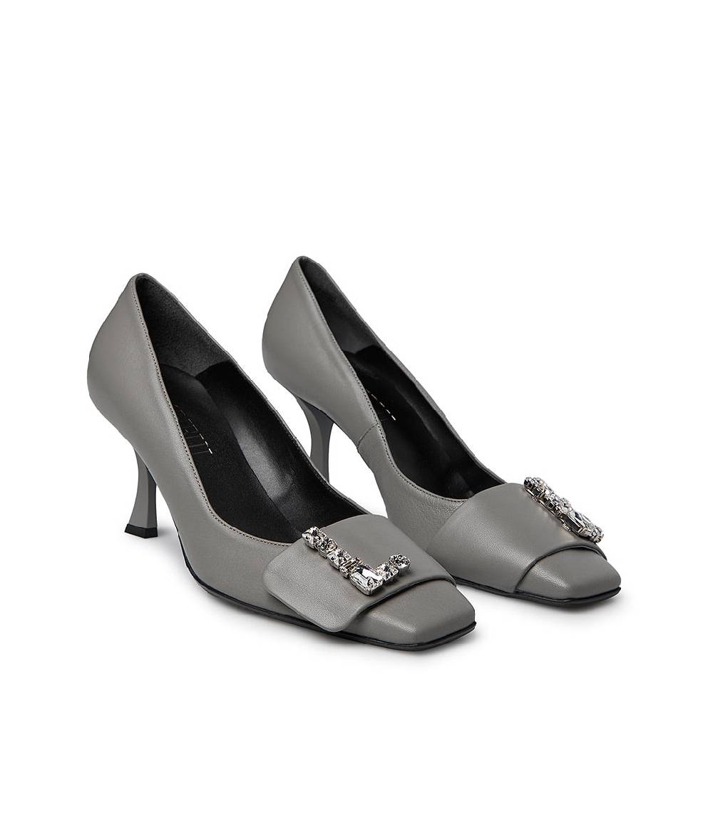 Loriblu Décolleté in nappa grigio con Logo Signature cristalli In Linea
