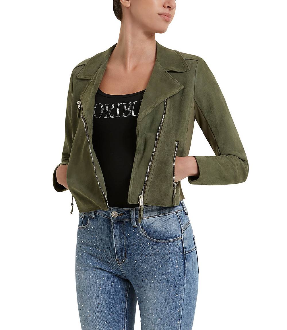 Loriblu Giacca stile biker in camoscio salvia Pezzi Unici