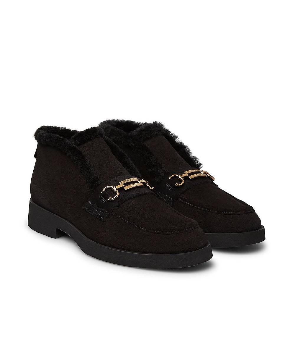 Loriblu Mocassini in camoscio e shearling nero con fibbia-logo Online