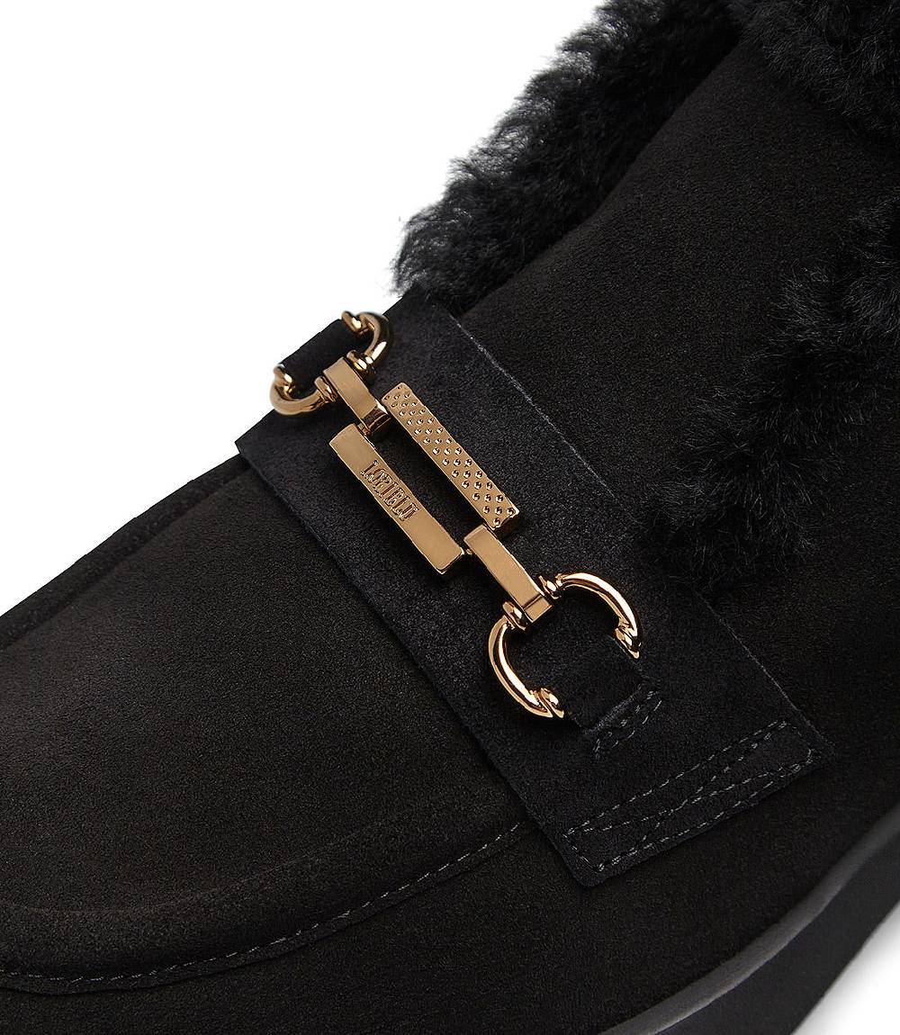 Loriblu Mocassini in camoscio e shearling nero con fibbia-logo Online