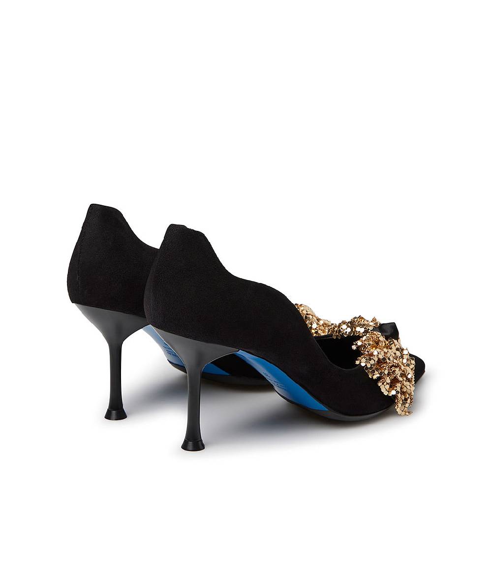 Loriblu Décolleté onda in camoscio nero con fiocco full metal oro Sottocosto