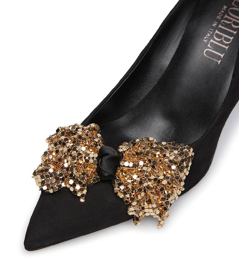 Loriblu Décolleté onda in camoscio nero con fiocco full metal oro Sottocosto