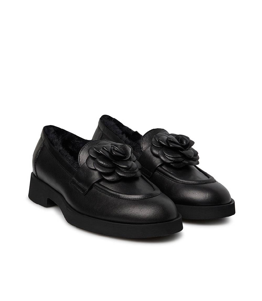 Loriblu Mocassino in nappa nero con fiore e fodera shearling Presa