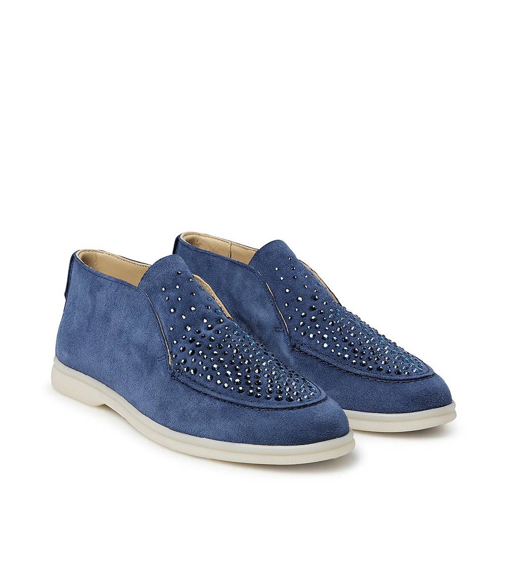 Loriblu Mocassini in pelle scamosciata blu avio con cristalli Moda