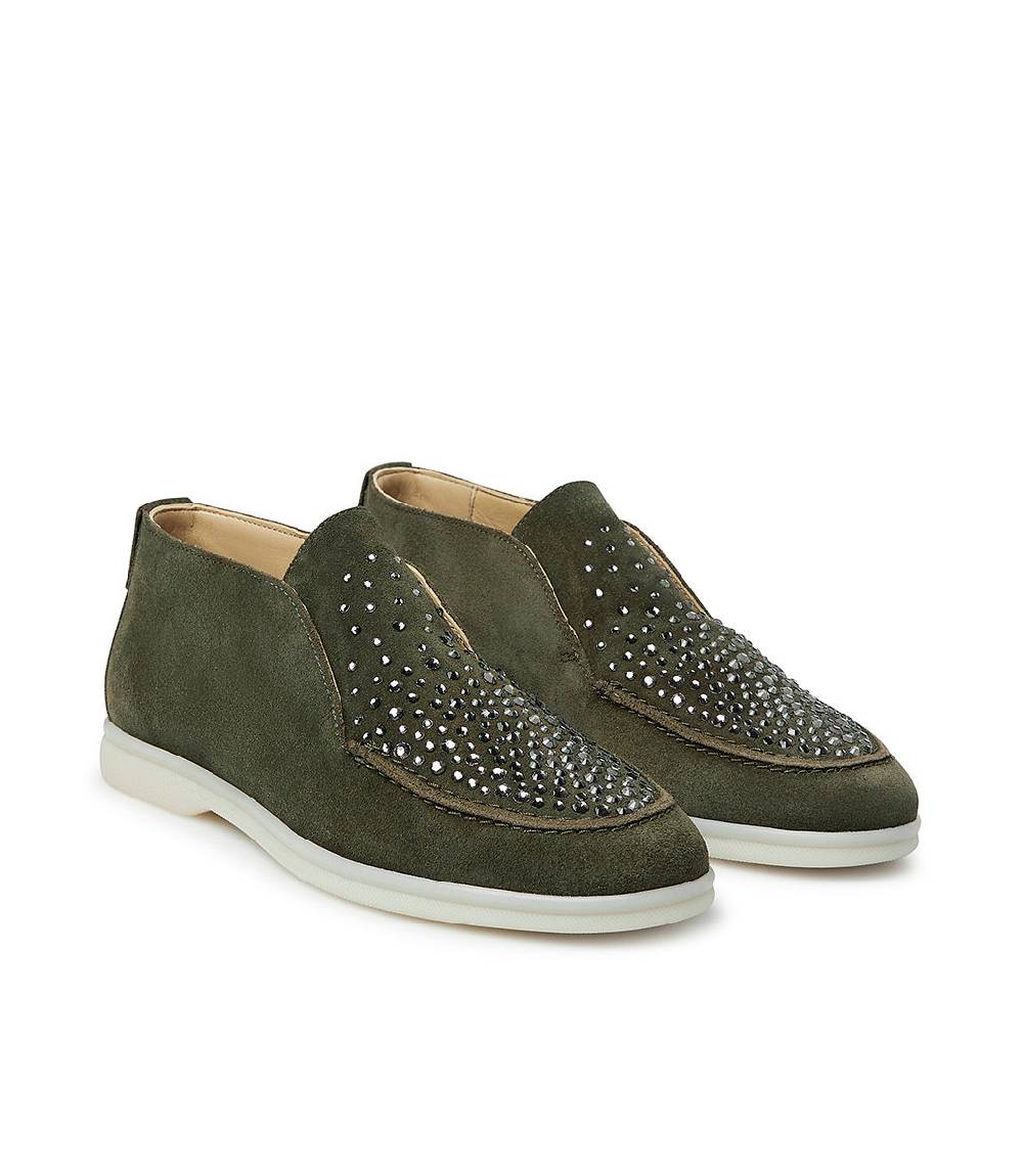 Loriblu Mocassini in pelle scamosciata verde con cristalli In Linea