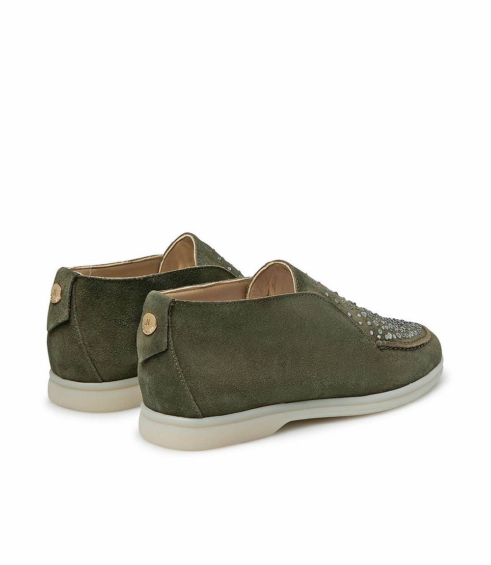 Loriblu Mocassini in pelle scamosciata verde con cristalli In Linea
