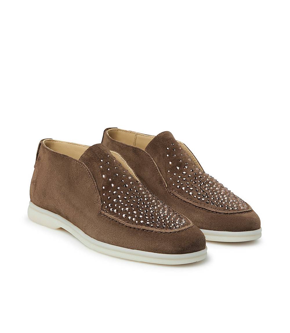 Loriblu Mocassini in pelle scamosciata marrone con cristalli Nuovo