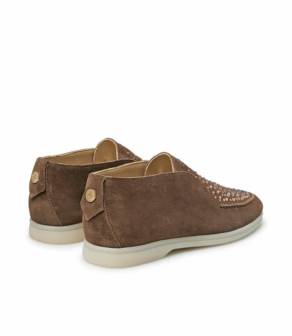 Loriblu Mocassini in pelle scamosciata marrone con cristalli Nuovo