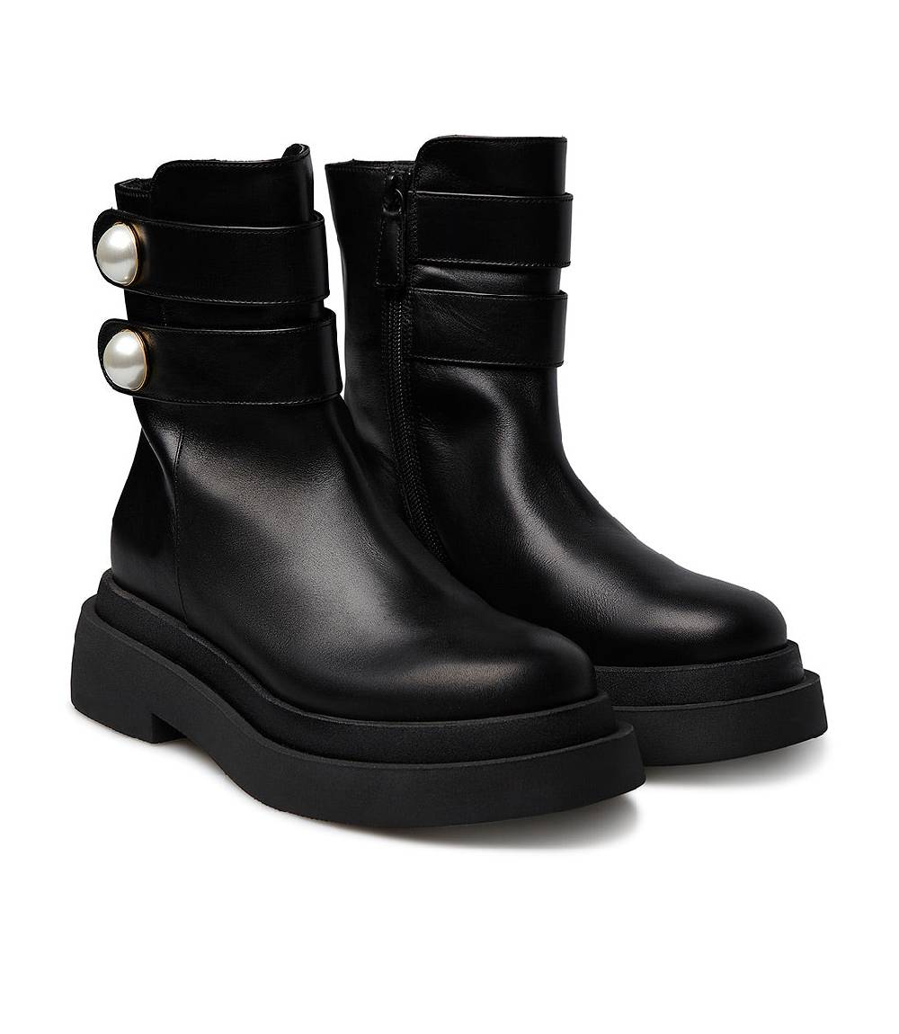 Loriblu Stivaletto in vitello nero con cinturini e borchie perla Saldi Di Fabbrica