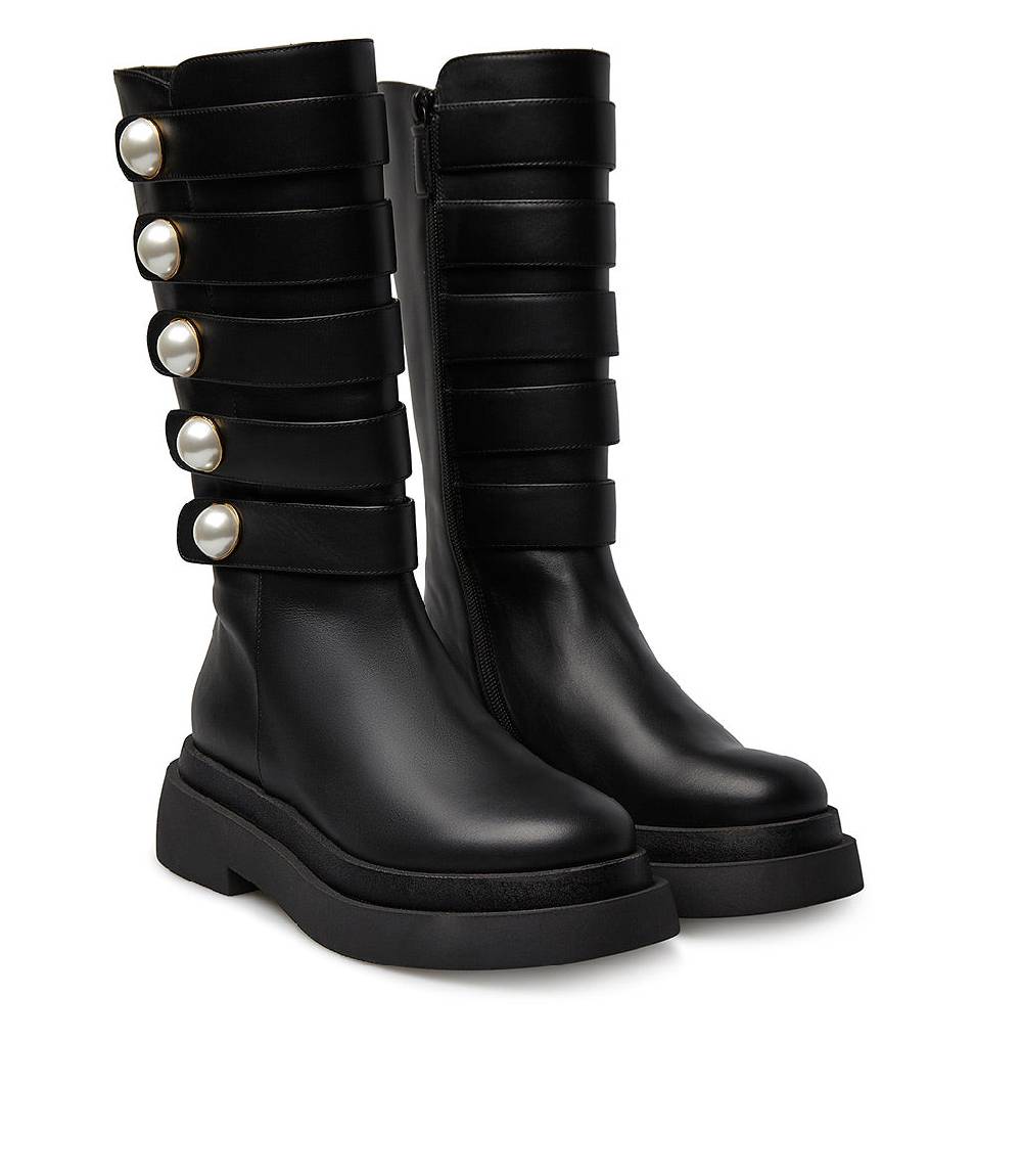 Loriblu Stivale in vitello nero con cinturini e borchie perla In Saldo